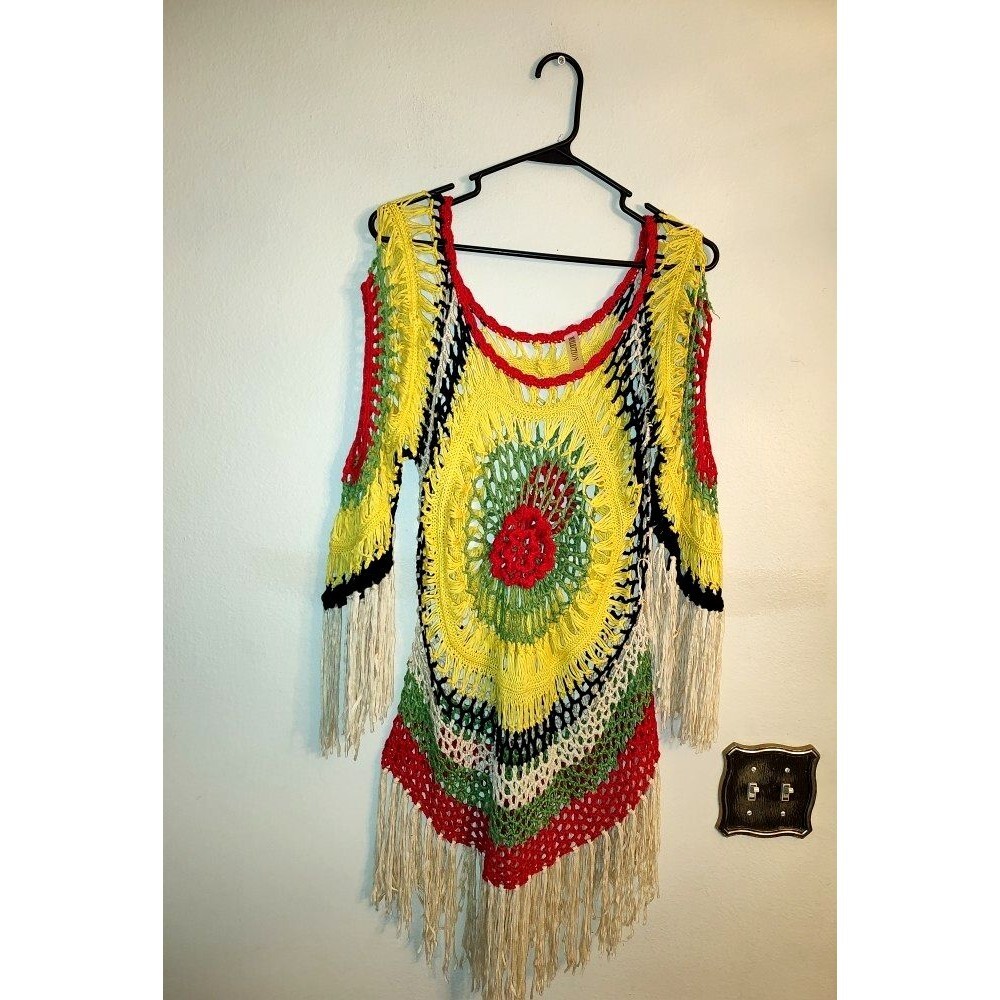 Women's MT Collection Yellow Red Knit Crochet Fringed Cover Up One Size